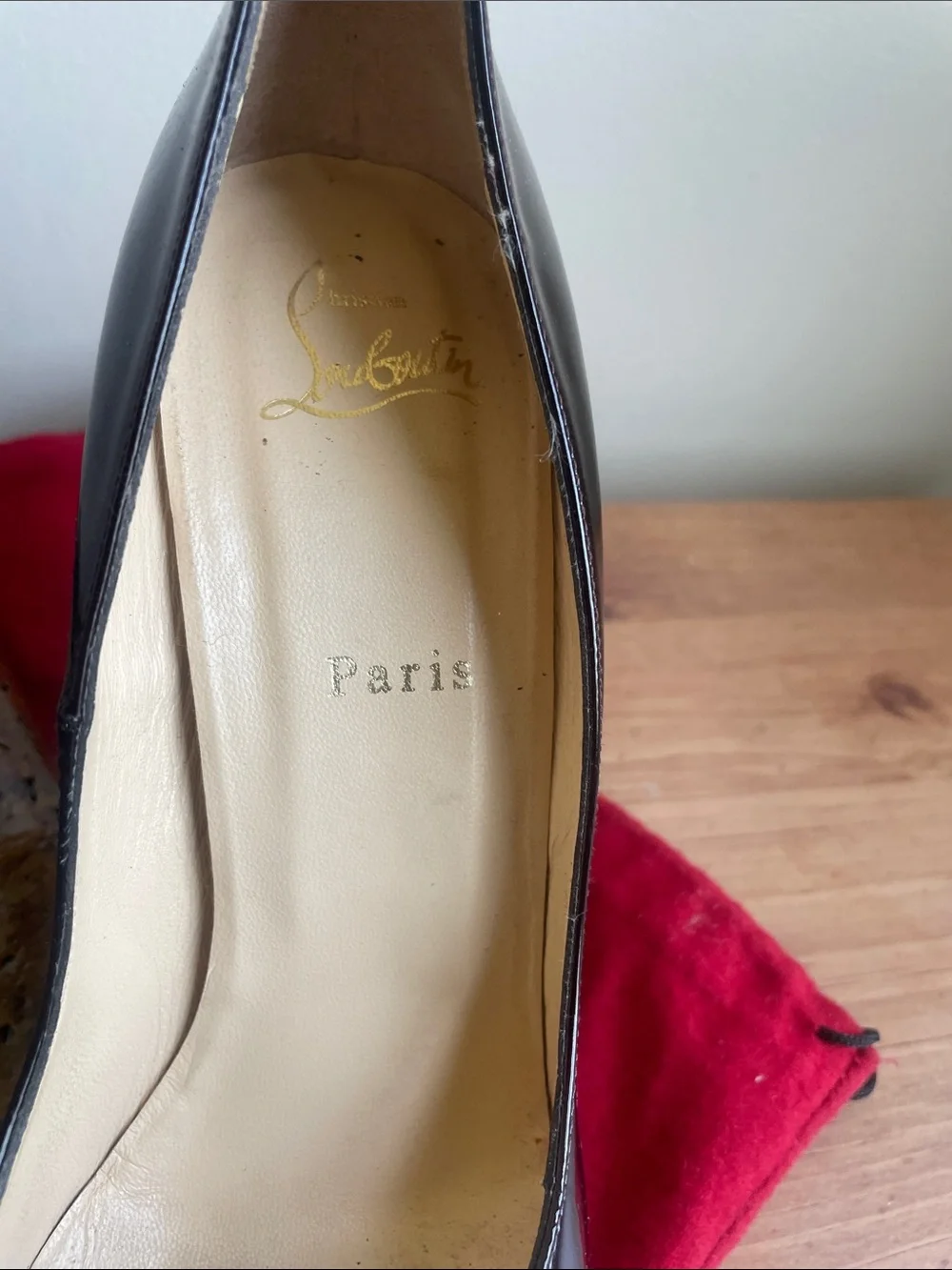 Christian Louboutin Black Patent Peep-Toe Cork Platform Heels